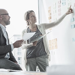 Man and woman organizing post-it notes on a white board.